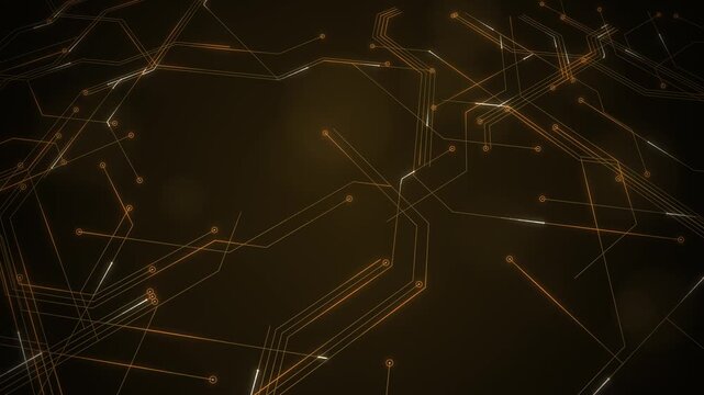 Golden circuit traces building in 3d perspective on dark background