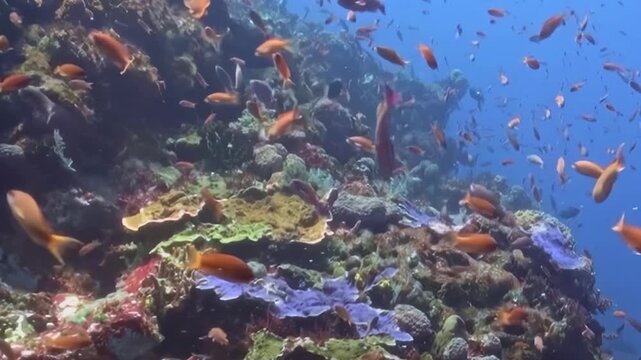 Dense Schooling Reef Fish Swim around a Coral Garden. An underwater view emphasizes coral texture and warm coral tones as fish move through the reef, documenting marine habitat and biodiversity.