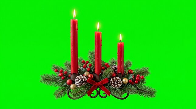 Christmas candle arrangement with pine branches and berries on green screen background