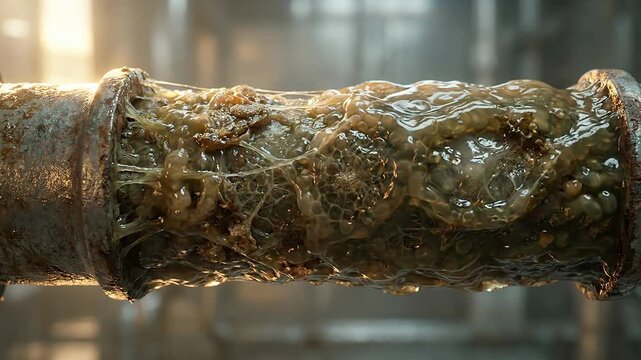 Close up textured microbial biofilm layer on industrial surface