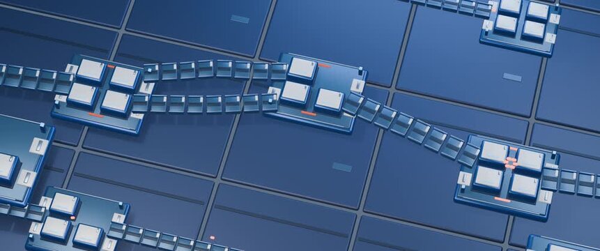 Distributed blue compute islands relay orange data through parallel modular bridges