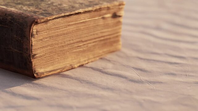 An ancient book with worn edges lies gently on a textured white fabric. Its timeworn cover hints at countless tales waiting to be discovered. A serene moment captured in soft light.