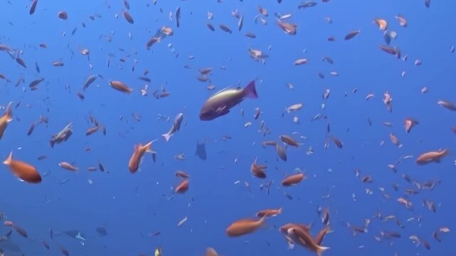 Blue Schooling Fish Swim through a Coral Reef. A well-lit underwater view with cool blue tones shows fish moving with visible reef structure, documenting marine habitat and biodiversity.