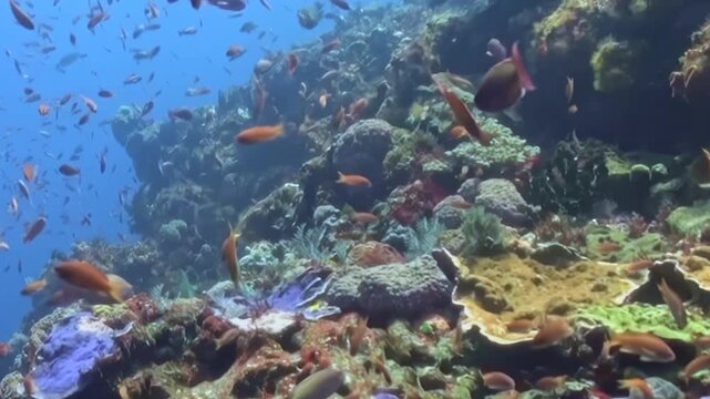 Small Schooling Reef Fish Swim around Coral Formations. An underwater view with cool blue tones shows fish moving with visible reef structure, documenting marine habitat and biodiversity.