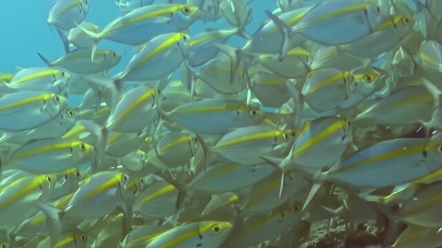 Dense Schooling Reef Fish Swim among Coral Formations. A well-lit underwater view shows coral texture and green-blue reef tones with fish moving through natural reef habitat and marine biodiversity.