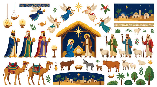 Christmas Nativity scene vector elements set with holy family and wise men for holiday cards Silhouette Editable EPS
