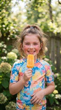 Young girl with rosy cheeks happily eating an orange popsicle in a sunny garden