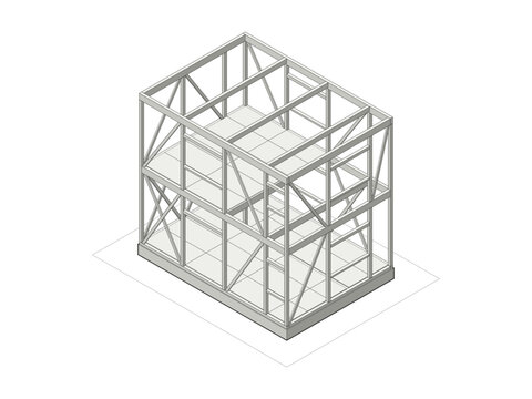 木造軸組工法の建て方 柱と梁と筋交いを組んだ二階建て住宅のアイソメ図