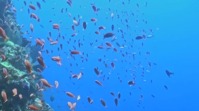 Schooling Reef Fish Swim over a Coral Wall in Blue Water. A well-lit underwater view with cool blue tones shows fish moving with visible reef structure, documenting marine habitat and biodiversity.