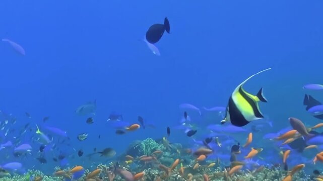 Dense Schooling Reef Fish Swim above a Coral Garden in Blue Water. An underwater view with cool blue tones shows fish moving with visible reef structure, documenting marine habitat and biodiversity.