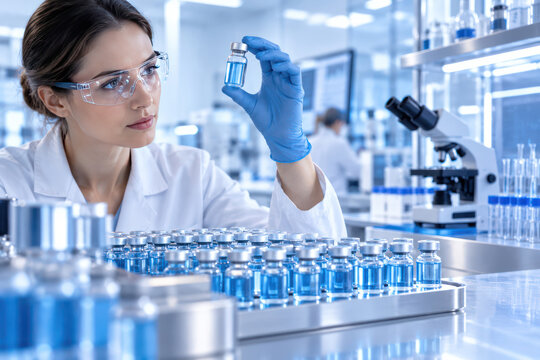 Pharmaceutical Quality Control Scientist Inspecting Medicine Vial in Laboratory