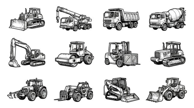 An extensive array of heavy construction vehicles, including bulldozers, cranes, dump trucks, and excavators, is illustrated to represent the machinery vital for large-scale building and earth-moving.