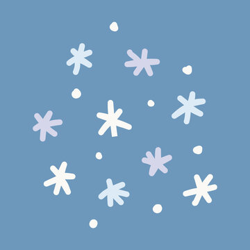Cute minimalist hand drawn white and light blue winter stars illustration cluster on dusty blue background
