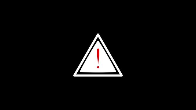 Animated warning sign icon in black triangle with red exclamation mark for system error alert, danger notice, caution signal, security risk indicator, attention UI status navigation loop animation