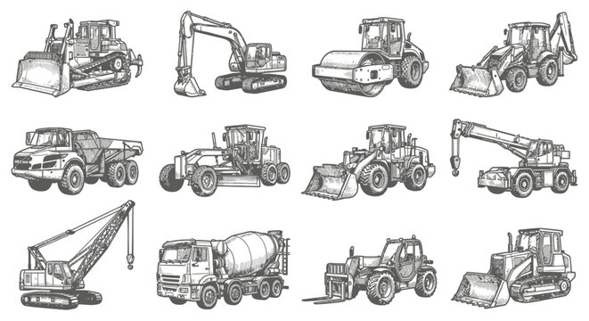 A comprehensive set of hand-drawn construction vehicles, including bulldozers, excavators, road rollers, and cement mixers, are depicted on a clean white background.