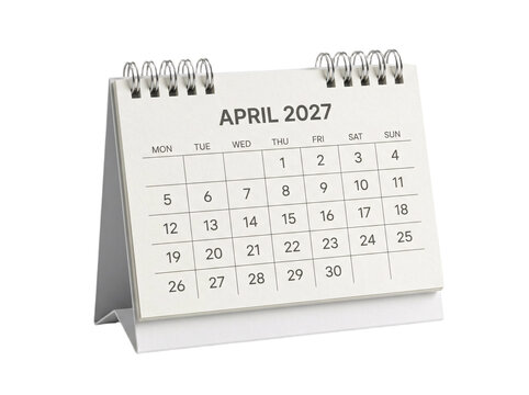 White spiral desk calendar showing april 2027 monthly view with clean grid layout standing isolated on transparent background for planning and schedule setup.