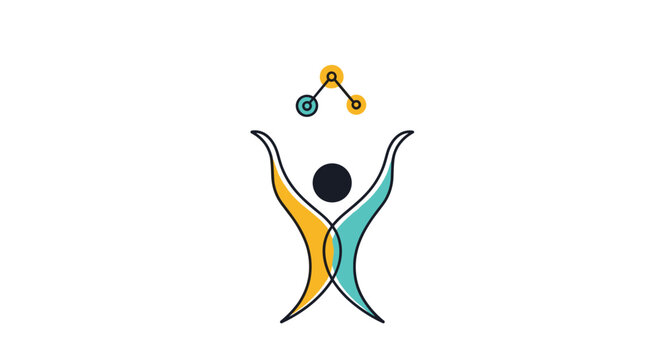 Abstract network or chemistry logo featuring a stylized human figure with hands raised toward three connected dots.