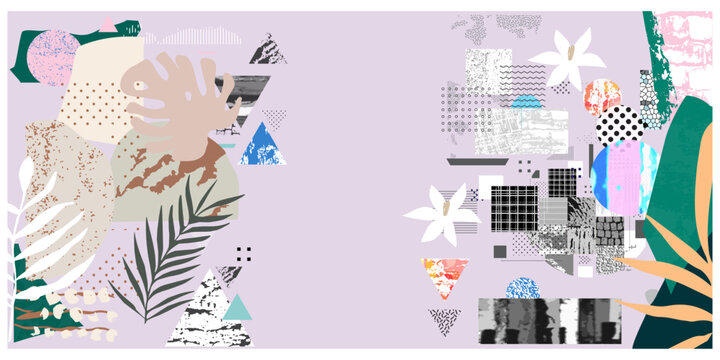 Abstract mixed media collage background with handmade torn paper textures geometric shapes and botanical line art