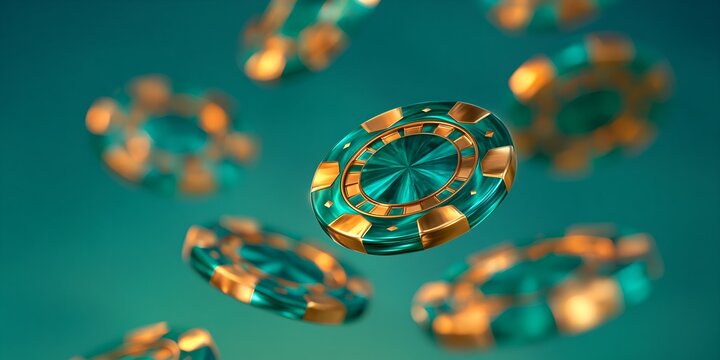 Teal and gold casino chips float in motion