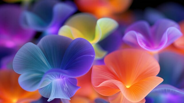 Vibrant fantasy mushrooms with glowing rainbow colors, surreal biomorphic nature background for creative design, biotechnology and futuristic concepts