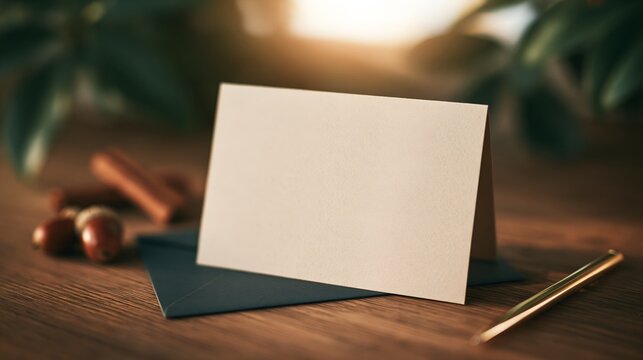 White card on wood, pen and nuts nearby, gentle lighting