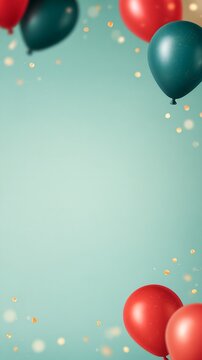 Balloon frame with red and teal balloons floating against soft mint background
