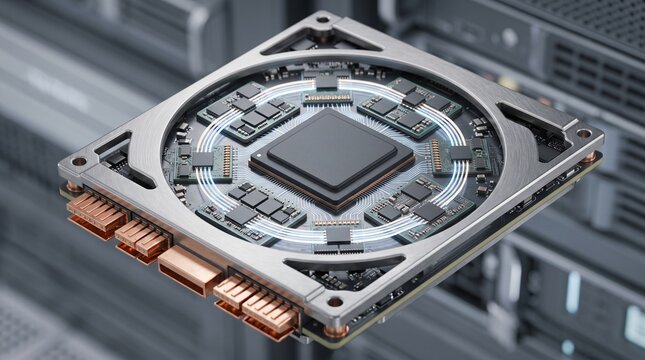 A computer processing module displays intricate circuitry and metallic components in a server environment processor chip