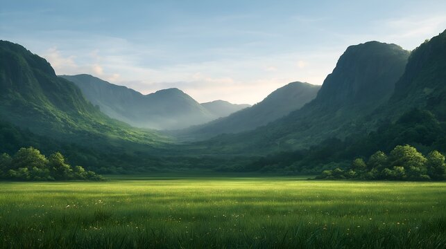 Lush valley surrounded by misty mountains at dawn
