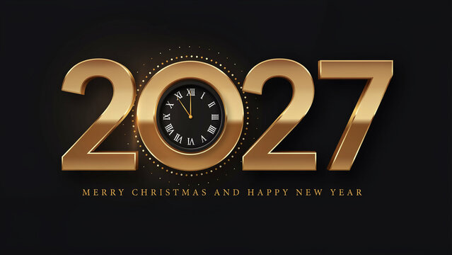 Gold 2027 New Year greeting with clock design on a dark background