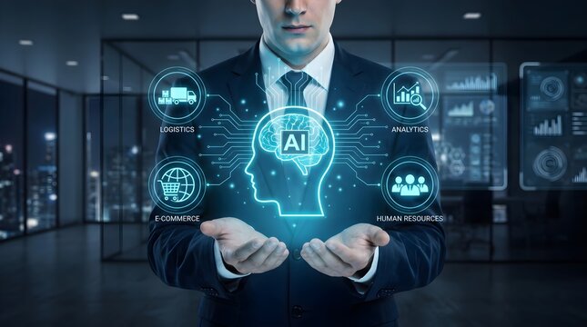 Professional businessman in dark suit interacts with glowing artificial intelligence brain icon featuring digital logistics and corporate management software interfaces