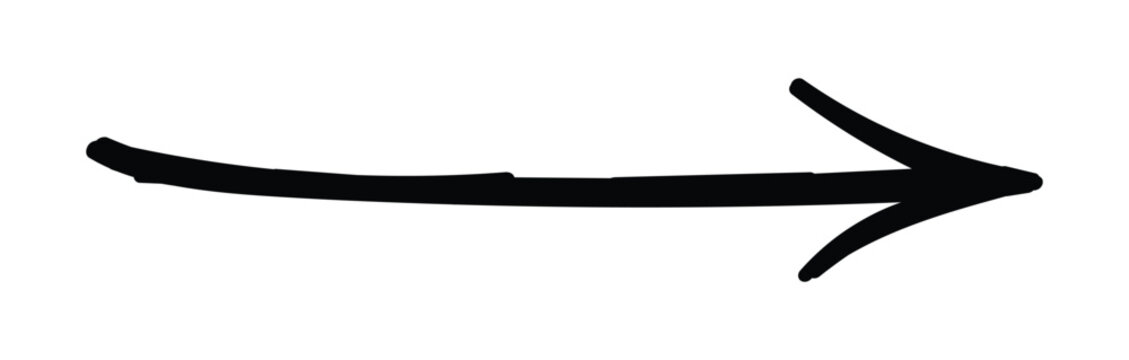 Hand drawn black arrow vector illustration showing direction pointer pointing rightwards with sketchy textured outline for creative design projects
