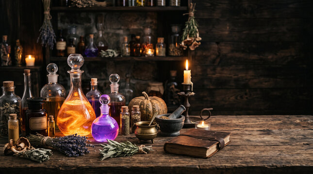 Witch apothecary table with glowing colorful magic potion bottles candle and old spell book on wood