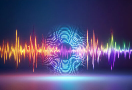 Audio visualization and sound wave technology, digital music frequency and electronic signal pulse with neon light glow on a dark background