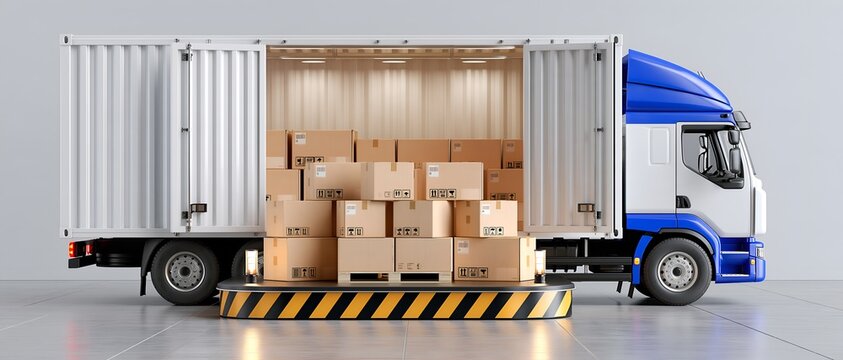 Truck loaded with cargo boxes on marked platform ready for transport