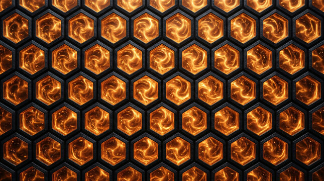 Abstract background featuring glowing orange fire patterns inside a dark metallic honeycomb grid structure.