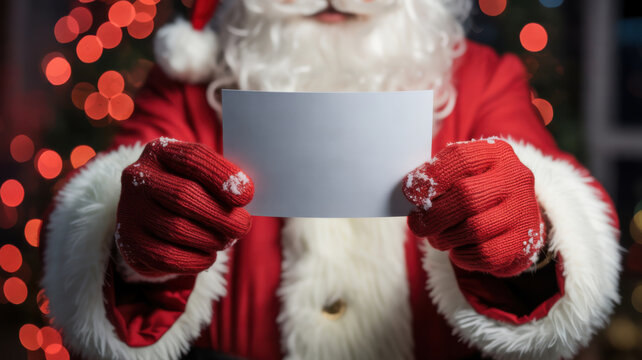 Santa Claus holding a blank card with snowy red mittens