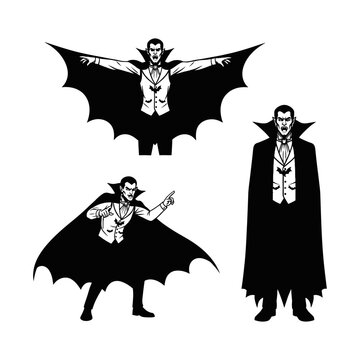 Count Dracula vampire character icon set wearing bat wing cape