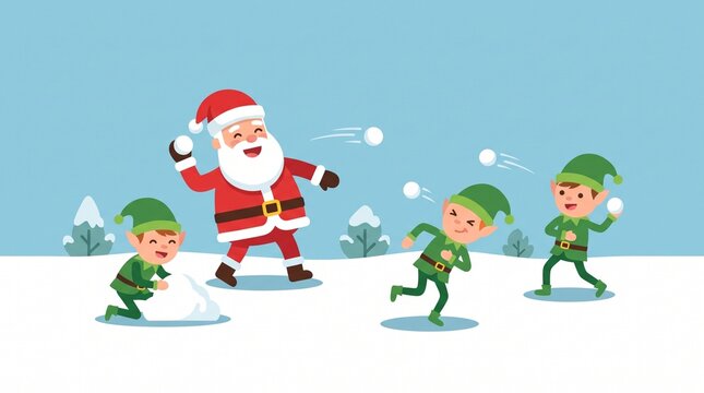 santa claus elves snowball fight flat vector