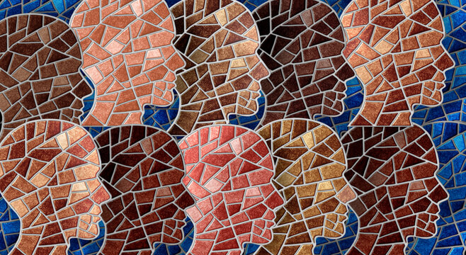 Diverse People Mosaic Representing Multicultural Society as people coming together to represent multi-cultural society and unity inclusion and connections that bring communities together.