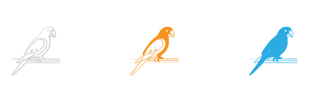 Three colorful parrot line art illustrations in gray orange and blue tones