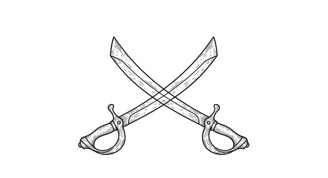 Two crossed ancient scimitar swords with decorated handles, hand drawn sketch representing historical weapons and combat.