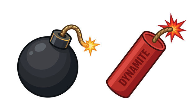 Bomb and dynamite vector set featuring black round bomb and red dynamite stick with burning lit fuses isolated cartoon icons