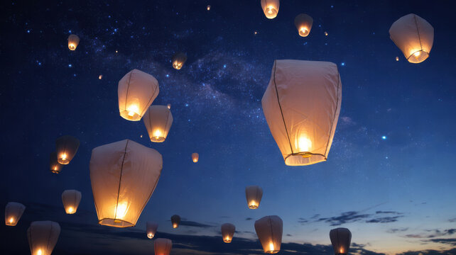 Sky lanterns floating in the night sky, galaxy background