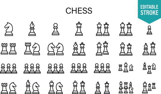 Chess Game Pieces Icon Set with King Queen Bishop Knight Rook Pawn Board Strategy Gaming Symbols Editable Stroke Line Vectors