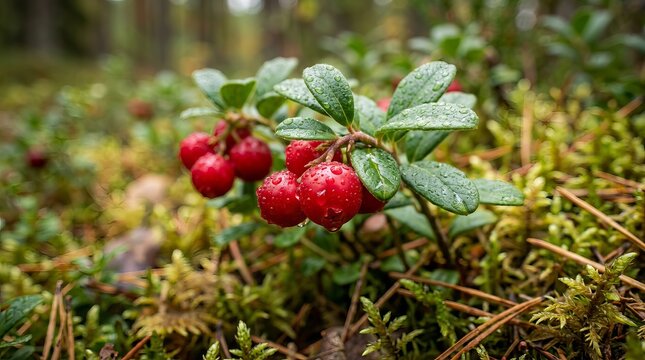 Fresh Wild Lingonberries Growing on Low Bush Stems in a Nordic Forest with Morning Dew Drops 187