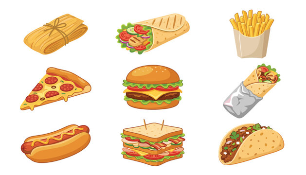 Fast food vector set featuring burger pizza french fries hot dog sandwich taco burrito wrap and tamale icons isolated