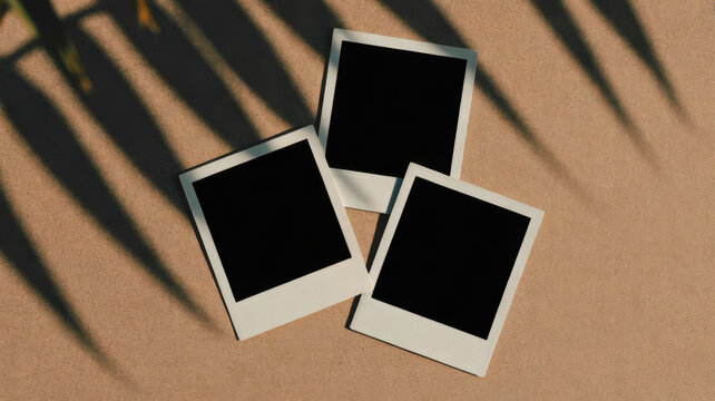 Three instant photo frames on sand with palm leaf shadow for travel