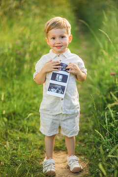 Little boy proudly holding ultrasound photos in meadow as a big brother pregnancy announcement