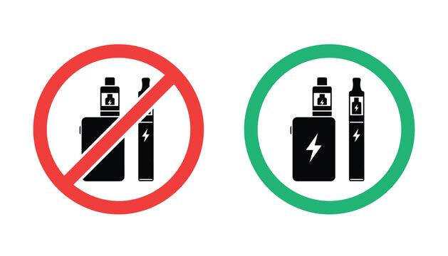 Vape prohibited and allowed sign set featuring electronic cigarette charging vape mod and pod system rules restricted policy symbols