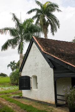 The first historic white gunpowder magazine built in 1740 at Fort Nieuw Amsterdam where the Commewijne River meets the Suriname River, later used as an artillery laboratory